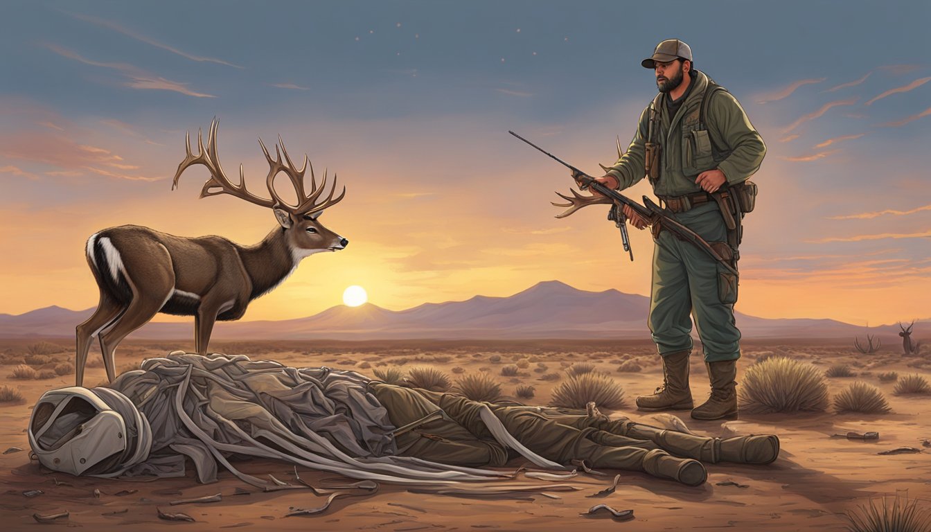 A hunter hangs a deer carcass, while another prepares to field dress it. Blood stains the ground. The sun sets over the New Mexico desert