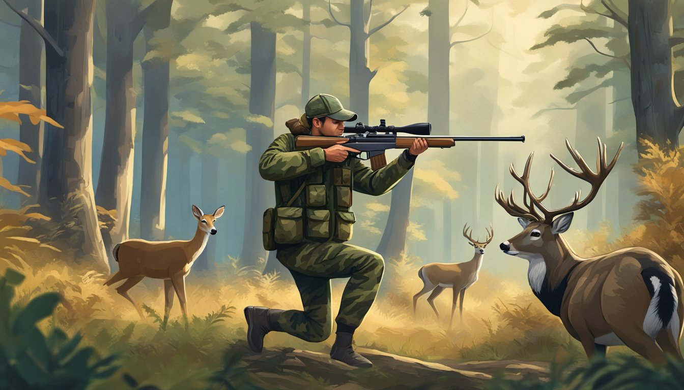 A hunter in camouflage aiming a rifle at a deer in a forest clearing. The deer is alert, surrounded by trees and bushes