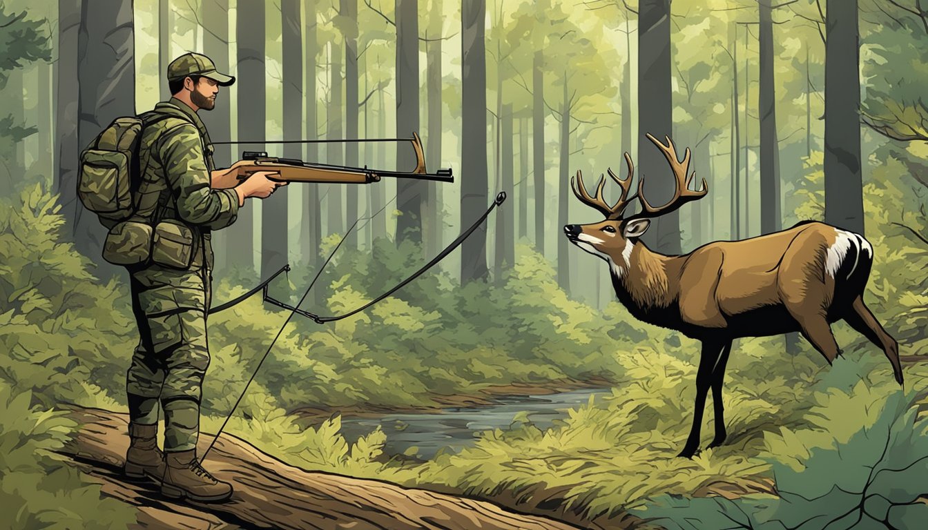 A hunter in camouflage aims a bow at a deer in a wooded Pennsylvania forest, mindful of ethical hunting considerations