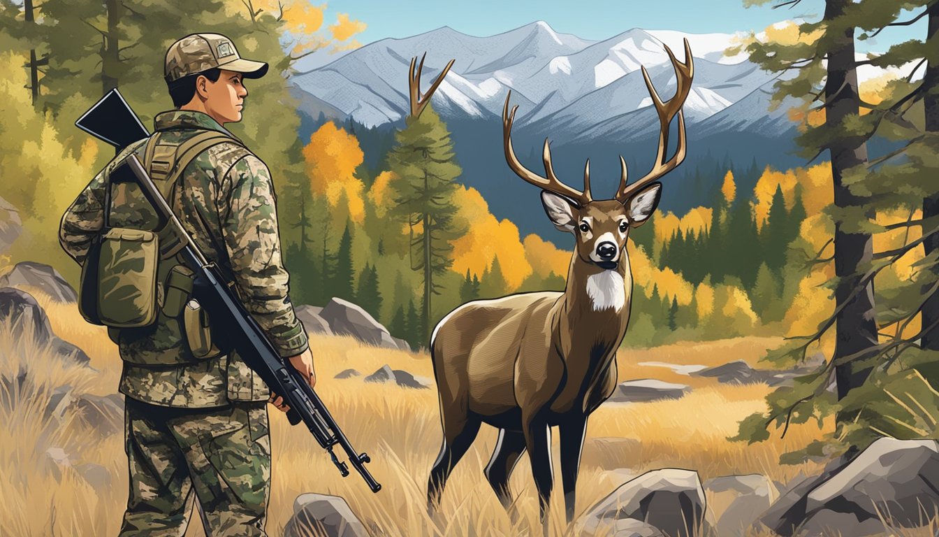 A hunter in camouflage with a rifle, standing in a forest clearing with a backdrop of mountains and a sign indicating "Utah Deer Hunting Licenses and Permits"