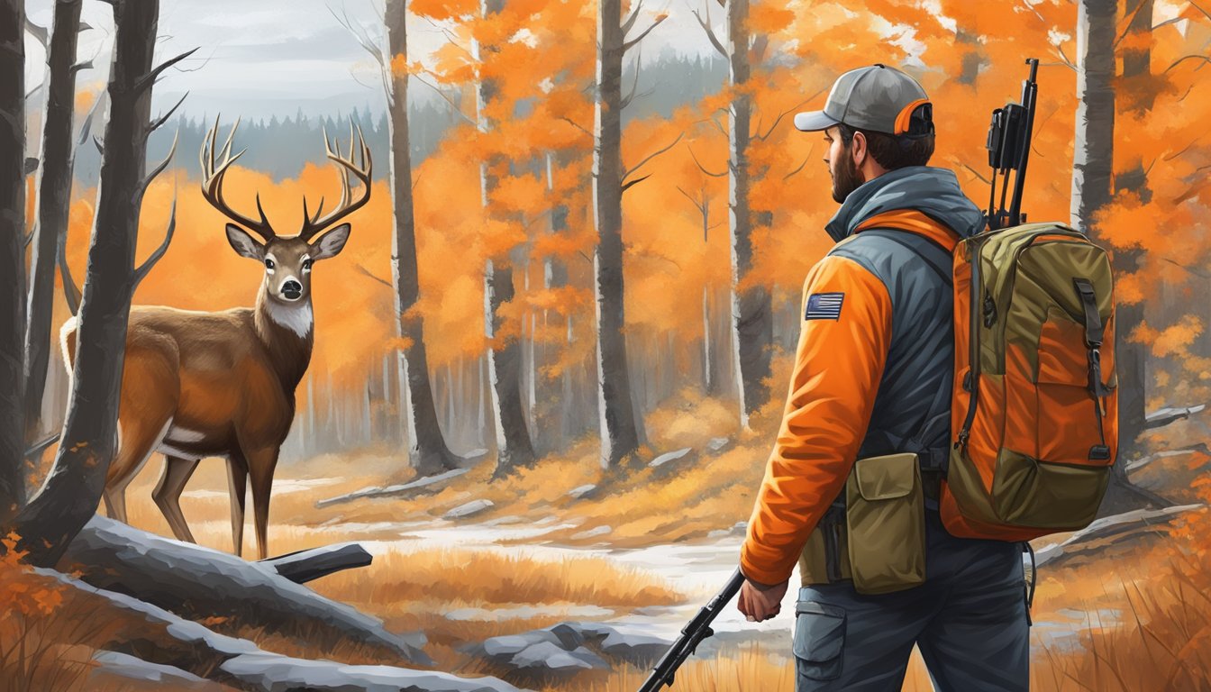 A hunter in blaze orange gear cautiously approaches a deer in the forest, rifle in hand, while keeping an eye out for any potential safety hazards