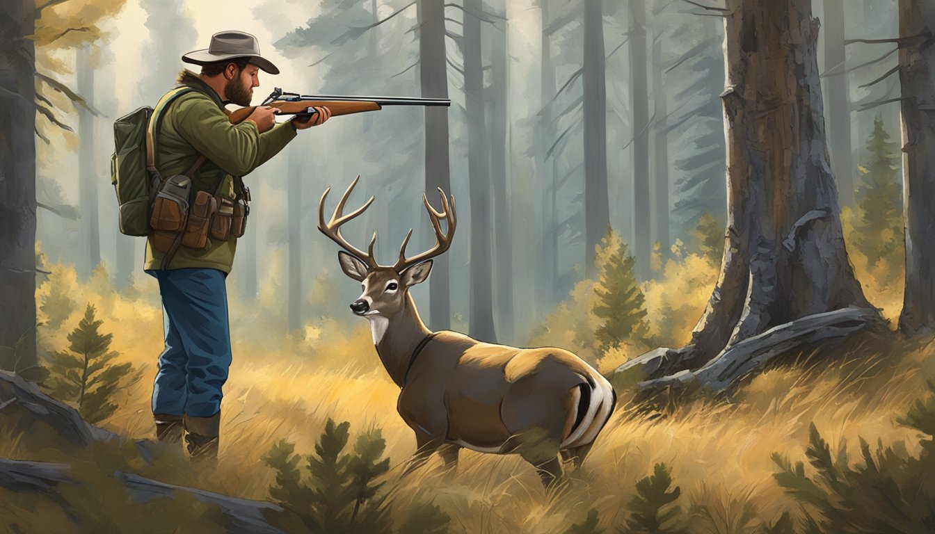 A hunter in Utah aims a muzzleloader at a deer in a forest clearing