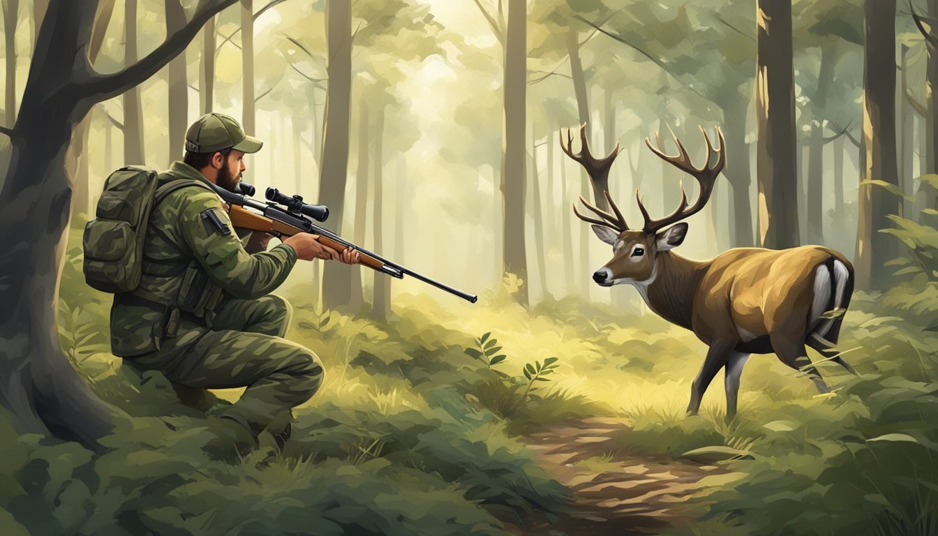 A hunter in camouflage aiming at a deer in a forest clearing, surrounded by trees and undergrowth