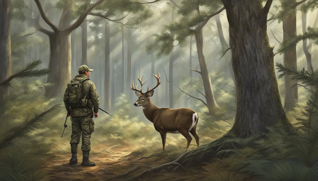 A hunter in camouflage waits in a tree stand, bow in hand, as a deer cautiously approaches a clearing in the dense South Carolina forest