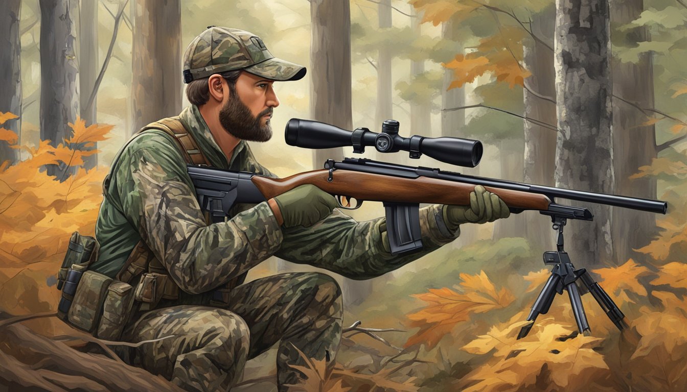 A hunter in camouflage aims rifle at a deer in the South Carolina woods