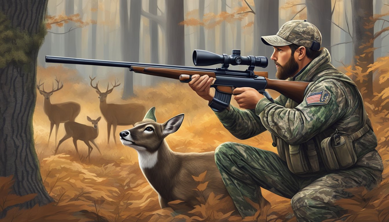 A hunter in camouflage aiming a rifle at a deer in a wooded area of South Carolina during hunting season