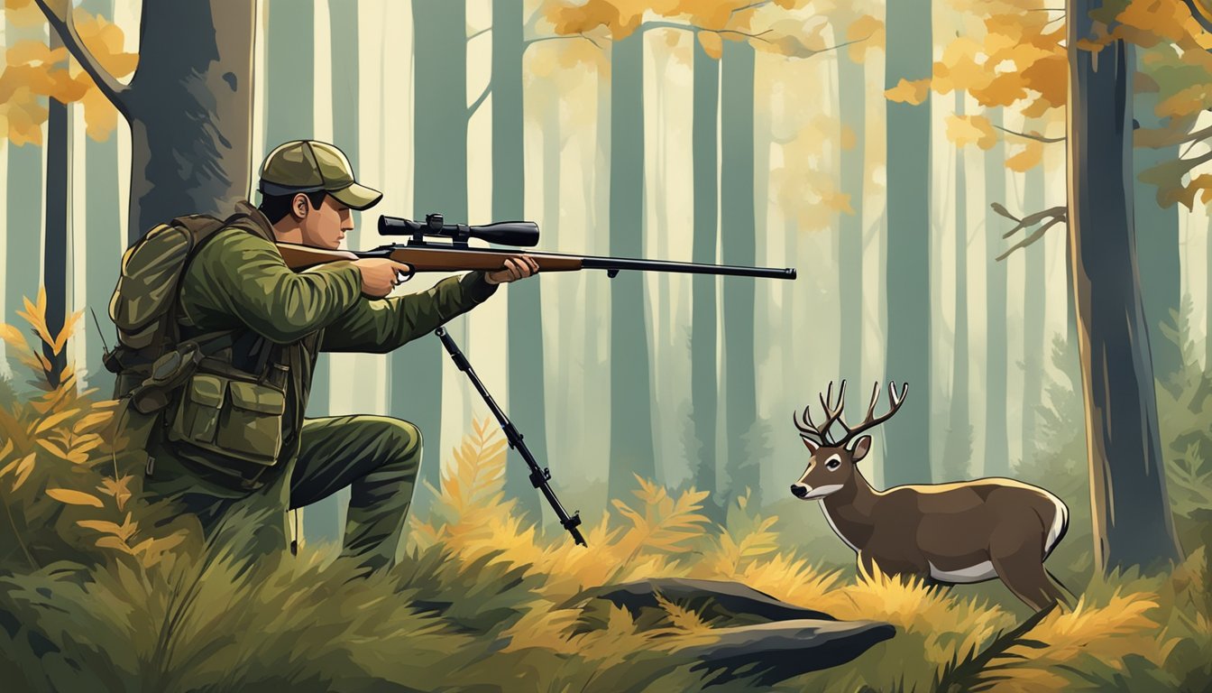 A hunter in camouflage aiming a rifle at a deer in a forest clearing