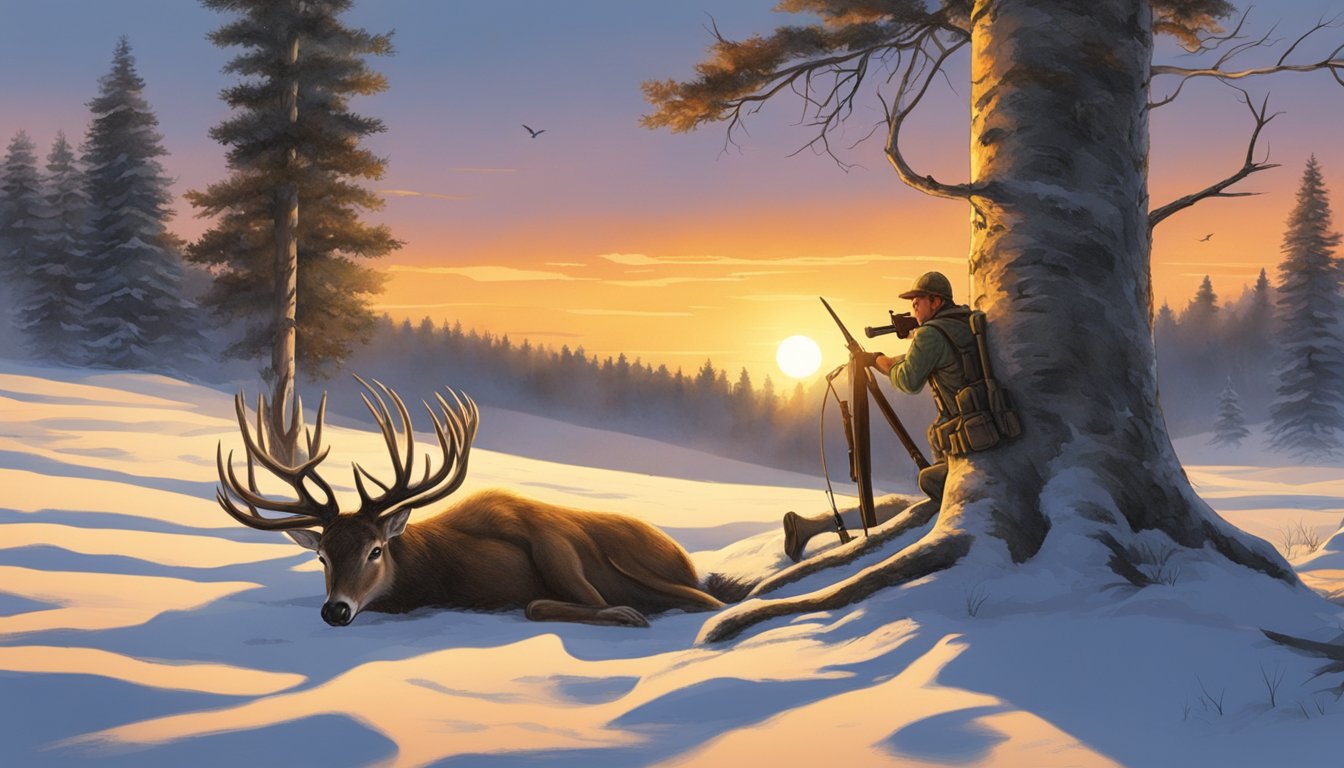 A hunter returns to camp, rifle slung over shoulder, with a deer carcass in tow. The sun sets behind the trees, casting a warm glow over the scene