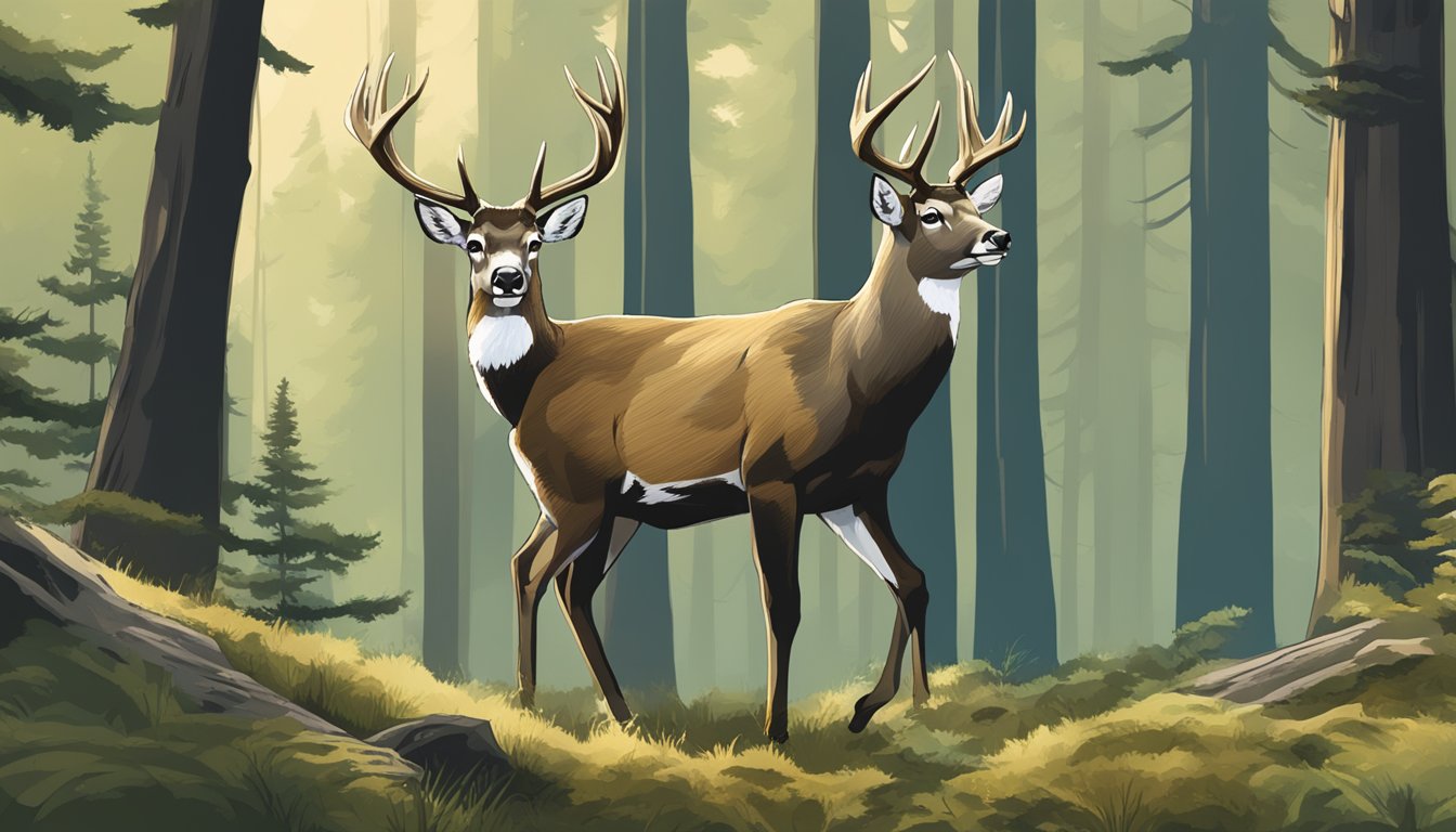 A majestic buck stands in a lush Oregon forest, its antlers reaching towards the sky as it grazes peacefully