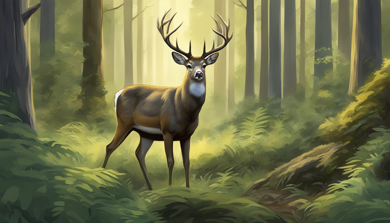 A deer standing in a forest clearing within a designated Game Management Unit in Washington, surrounded by dense vegetation and tall trees