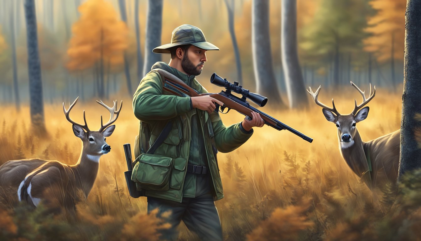 A hunter in a camouflage jacket and hat stands in a forest clearing, aiming a rifle at a group of deer grazing in the distance