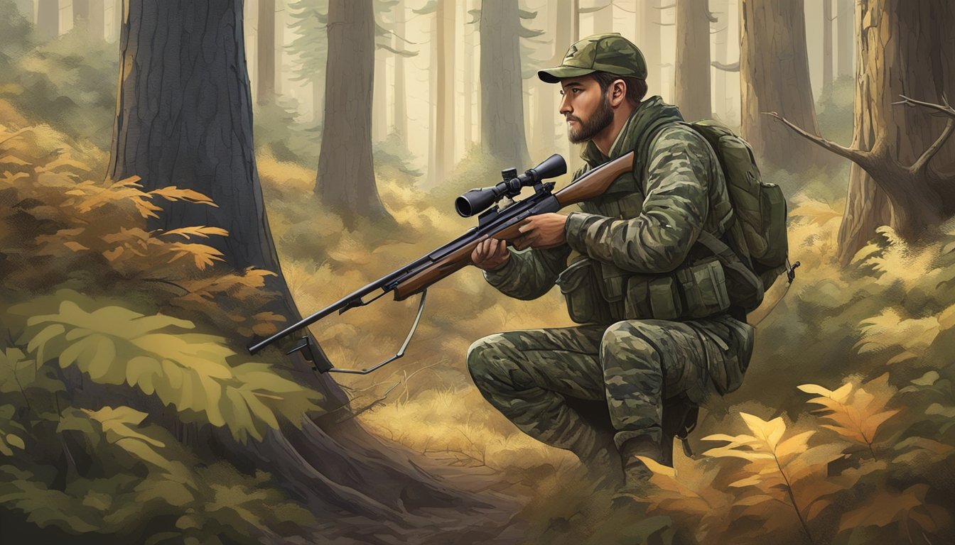 A hunter in camouflage following regulations in an Oregon forest, with a rifle and a deer in sight