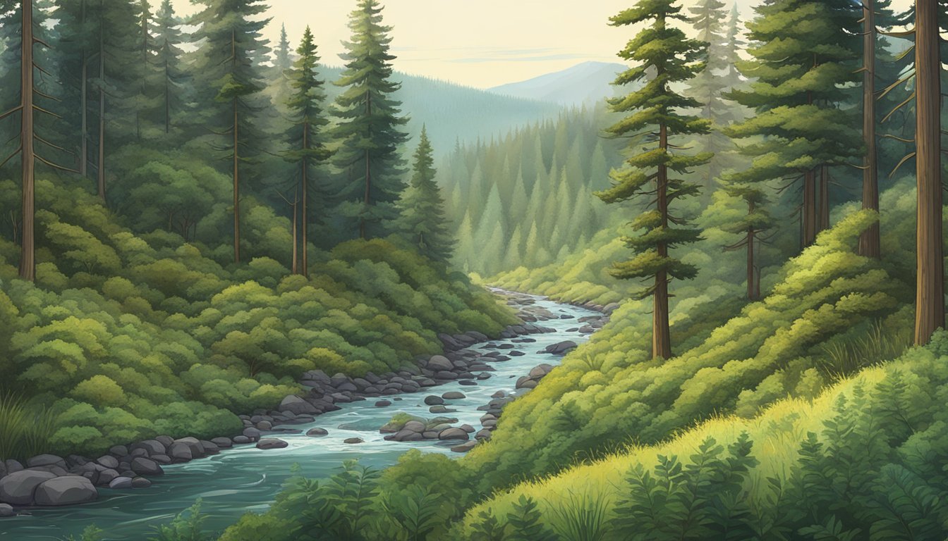 A dense forest with rolling hills and a clear stream, dotted with tall trees and thick underbrush, stretches across the Oregon landscape