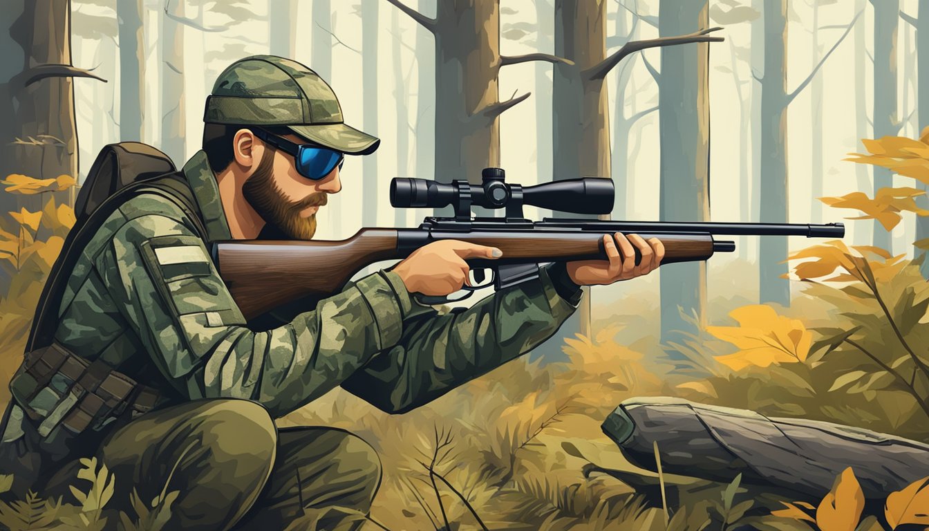 A hunter in camouflage gear checks his rifle and wears protective eyewear in a forest clearing