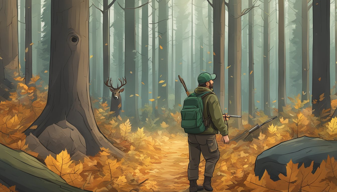 A hunter in an Oregon forest, surrounded by tall trees and fallen leaves, checks a timeline and deadline for deer hunting season