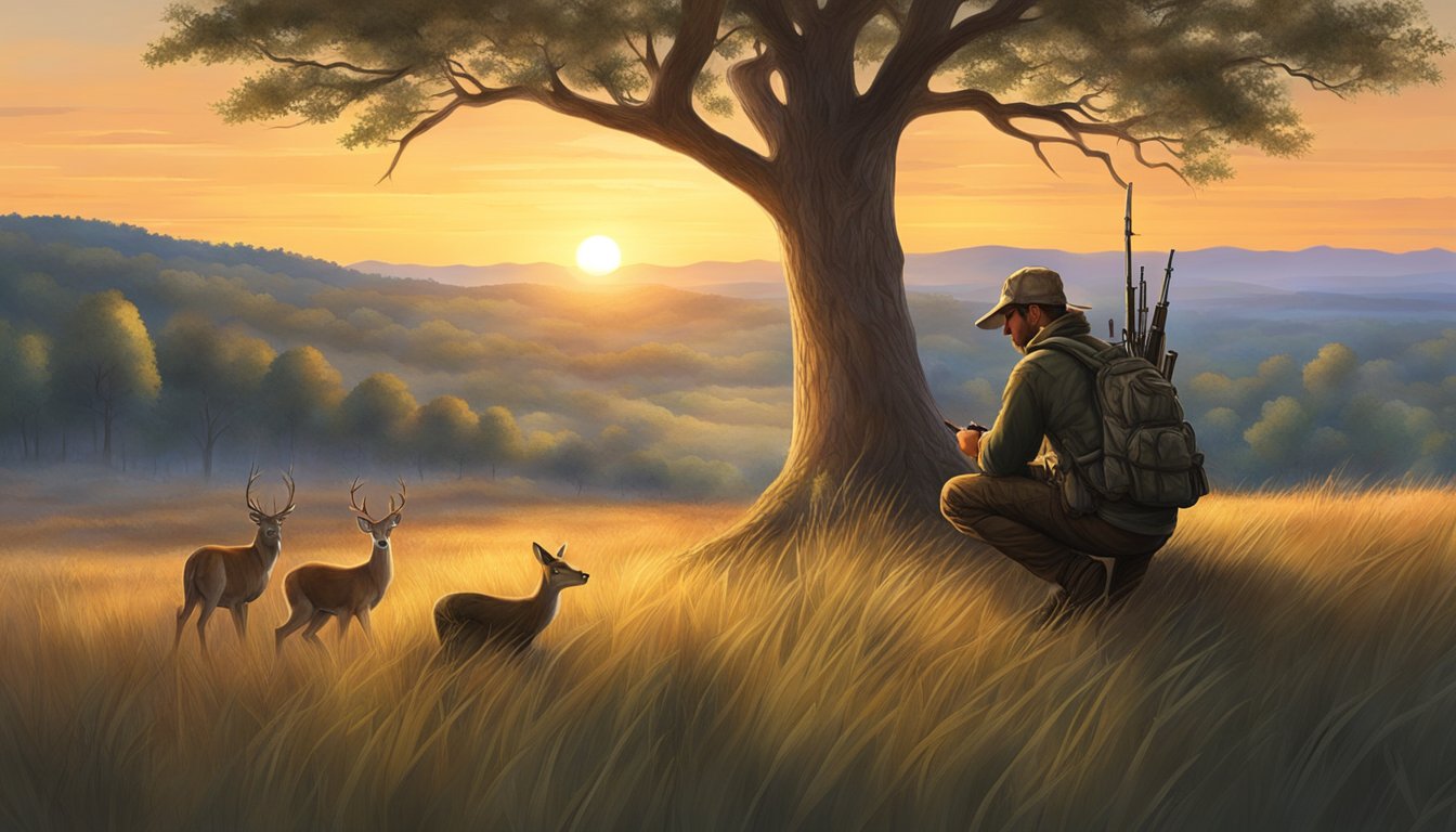 A hunter crouches behind a tree, bow drawn, watching a group of deer grazing in a clearing. The sun sets behind the rolling hills of Texas