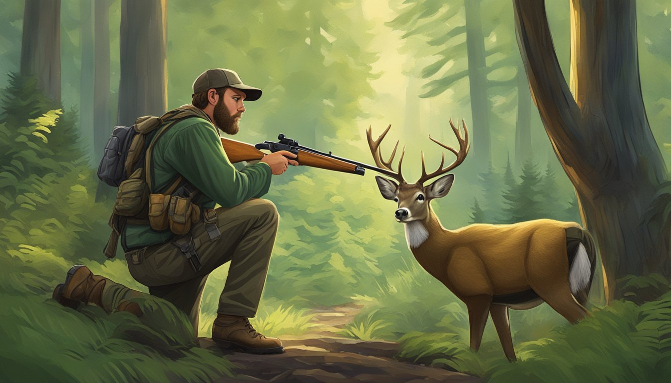 A hunter in Oregon carefully aims at a deer, surrounded by lush forest and a serene, natural setting