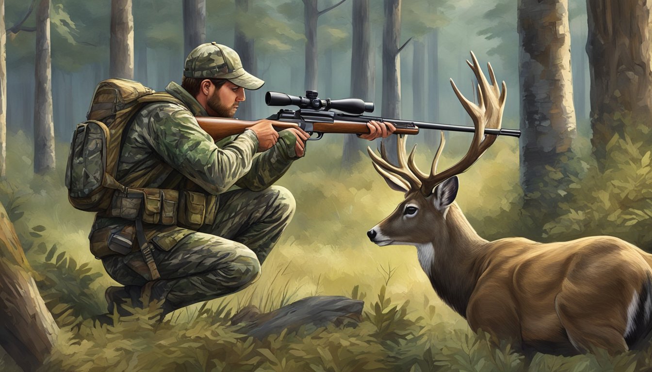 A hunter in camouflage aiming rifle at a deer in a Texas forest clearing