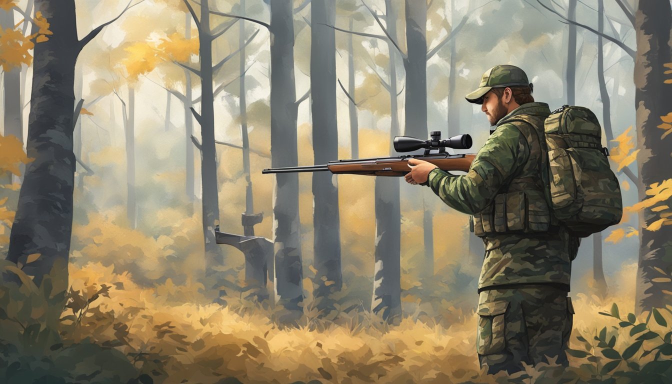 A hunter in camouflage gear, standing in a wooded area with a rifle, scanning the horizon for deer