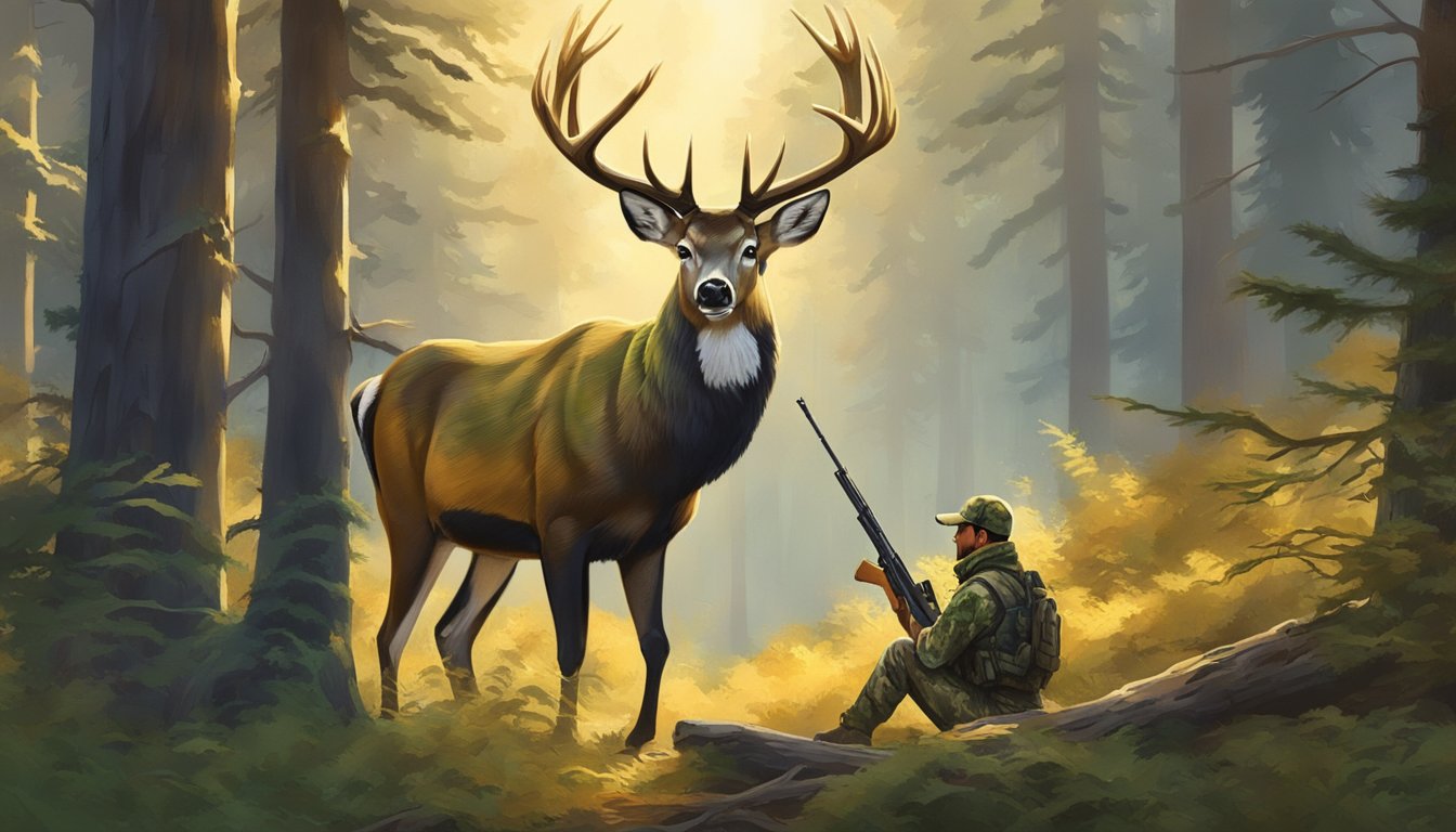 A hunter in camouflage aims a rifle at a majestic buck in the lush Oregon forest. The early morning light filters through the trees, casting a golden glow on the scene