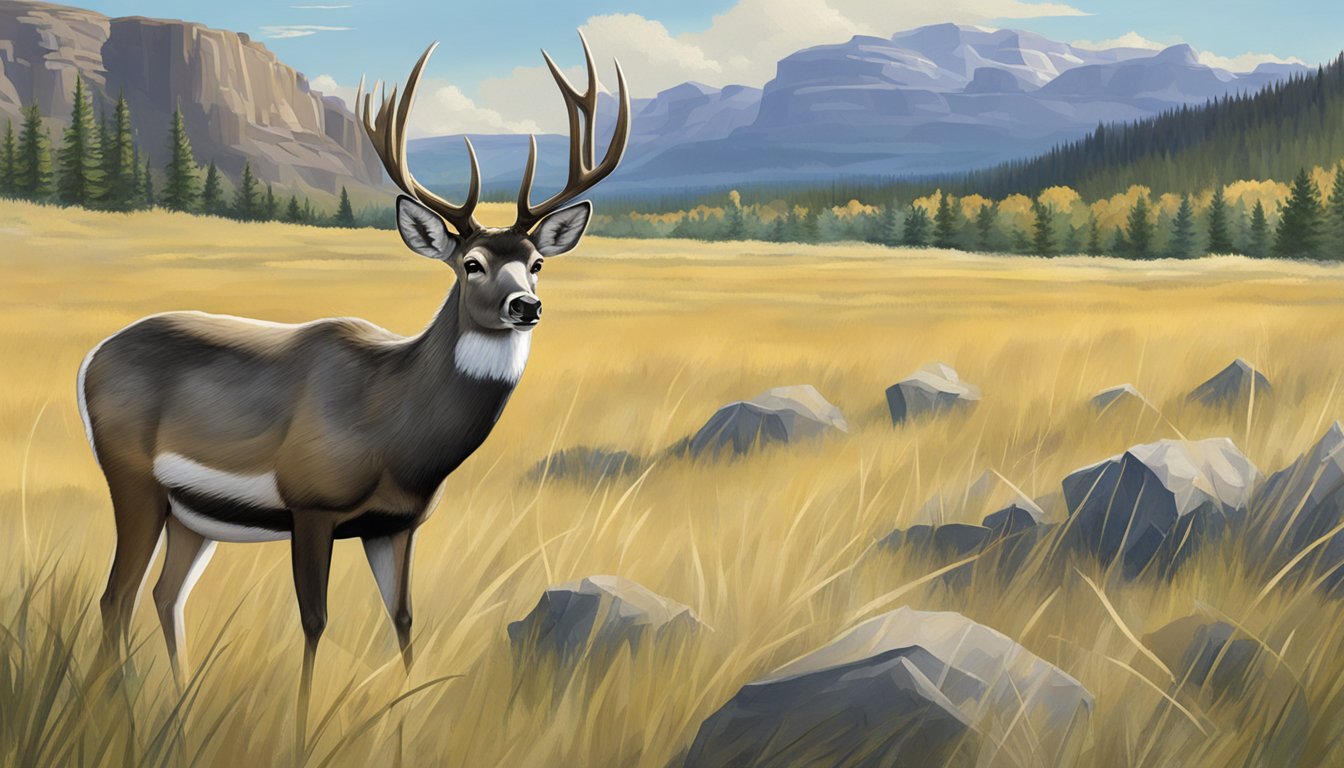 A mule deer (Odocoileus hemionus) stands alert in a grassy meadow, with the rugged Wyoming landscape in the background