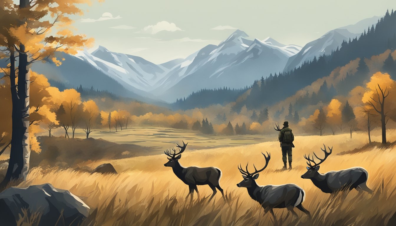 A hunter in camouflage stands in a vast, open field, surrounded by rugged mountains and dense forests. A herd of deer grazes in the distance, unaware of the impending hunt