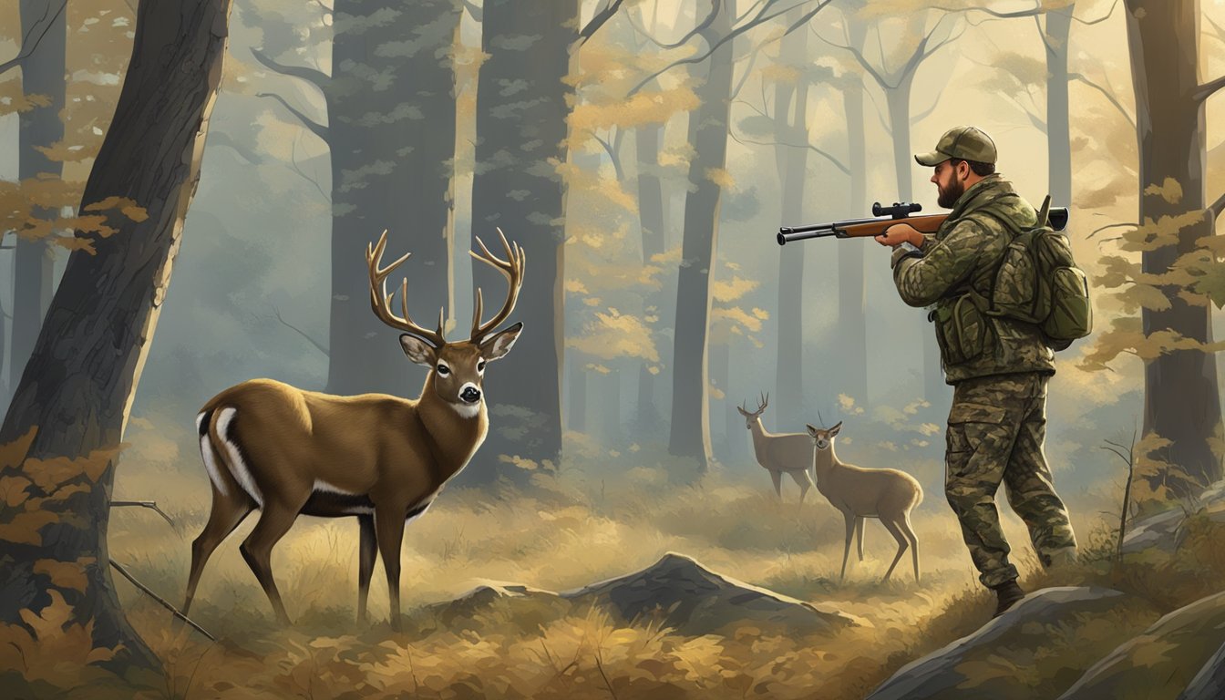 A hunter in camouflage aims a rifle at a grazing deer in the Virginia woods