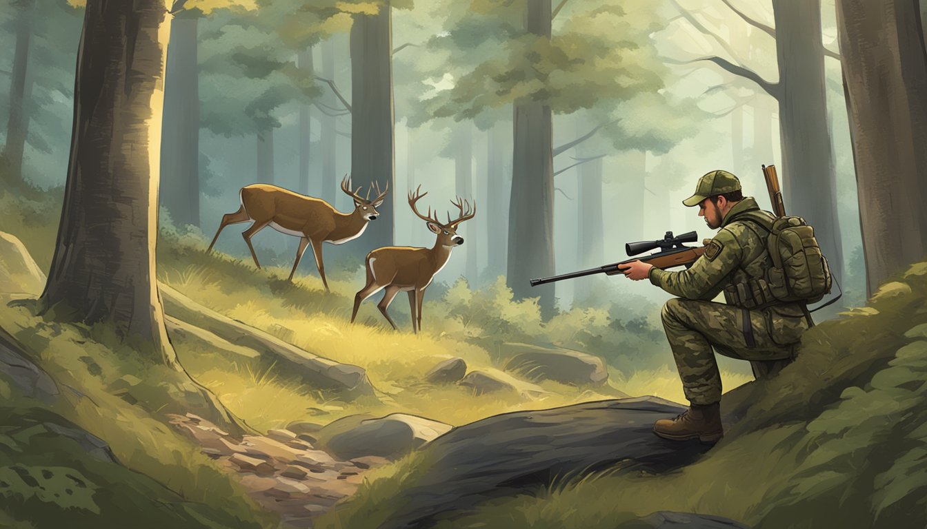 A hunter in camouflage aiming a rifle at a deer in a forest clearing, with a sign nearby displaying hunting regulations for Virginia