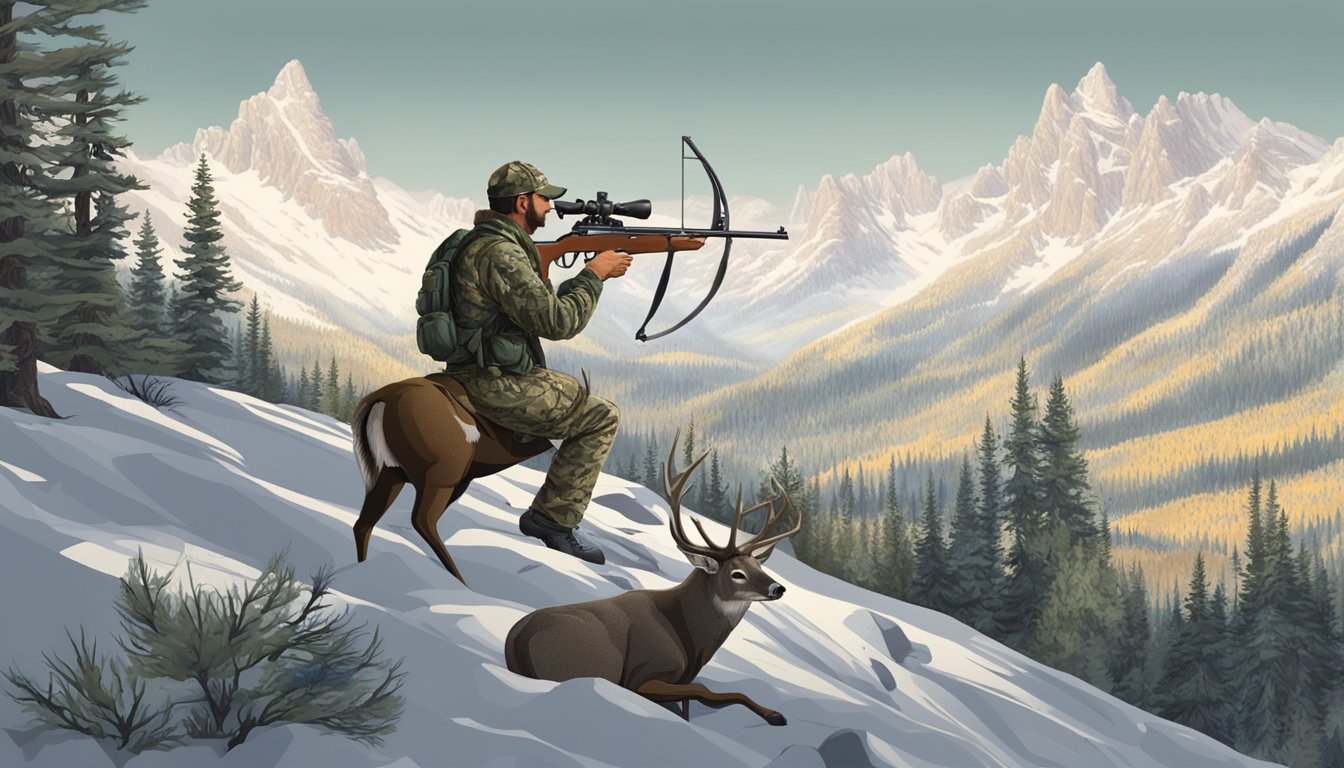 A hunter in camouflage aims a rifle at a majestic buck in the Wyoming wilderness, surrounded by rugged mountains and dense pine forests