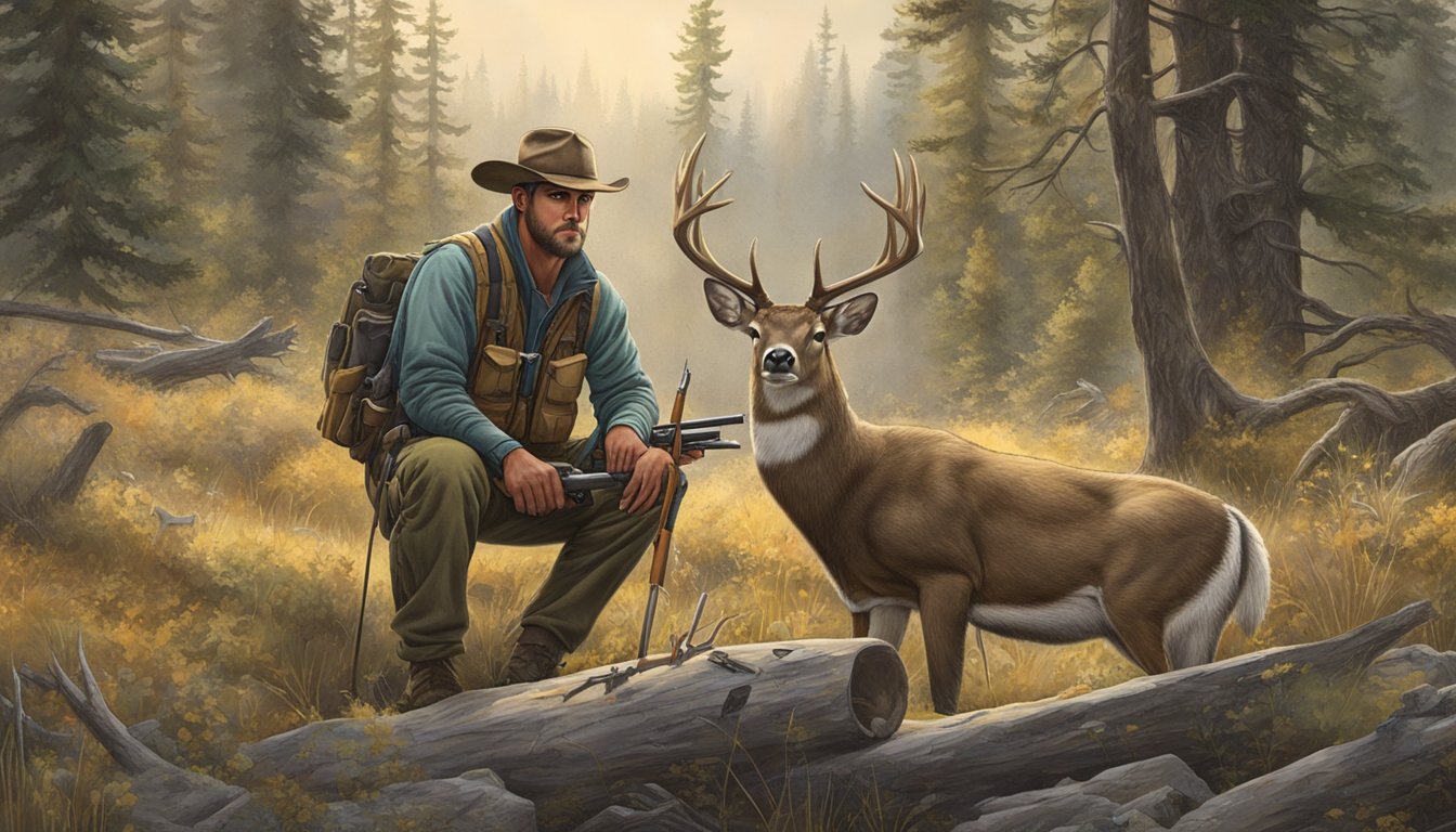 A hunter in Wyoming field dresses a deer, surrounded by scattered tools and the forest's edge