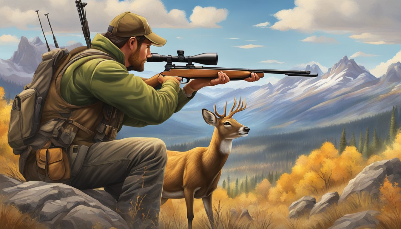 A hunter aiming a rifle at a deer in a vast Wyoming wilderness