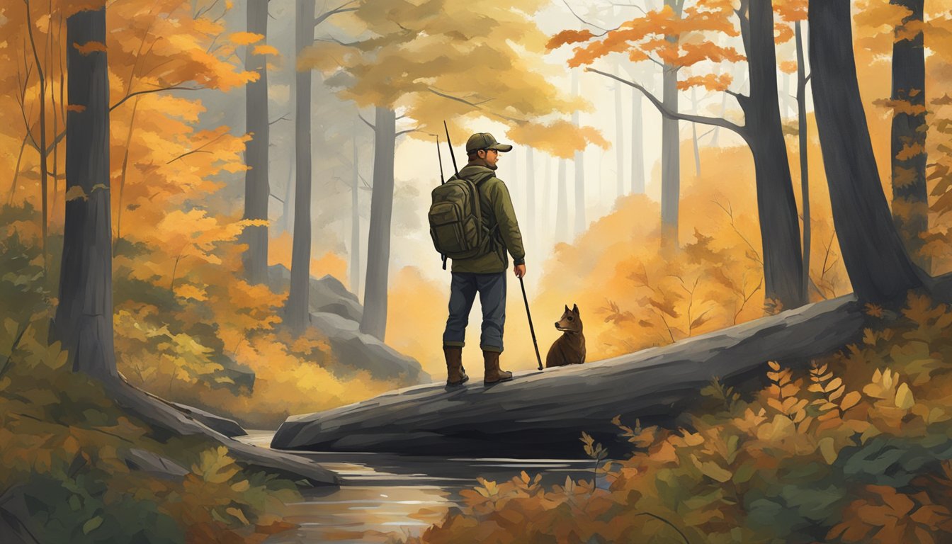 A hunter quietly waits in Rhode Island State Management Areas, surrounded by dense forest and the sound of rustling leaves