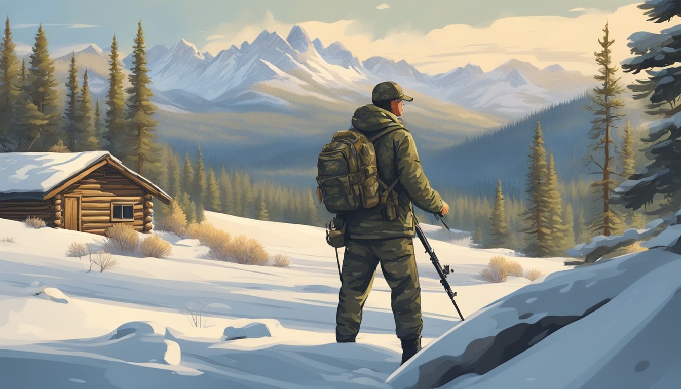 A hunter in camouflage stands in a snowy Wyoming forest, rifle in hand, scanning the horizon for deer. A rustic cabin and mountains loom in the background