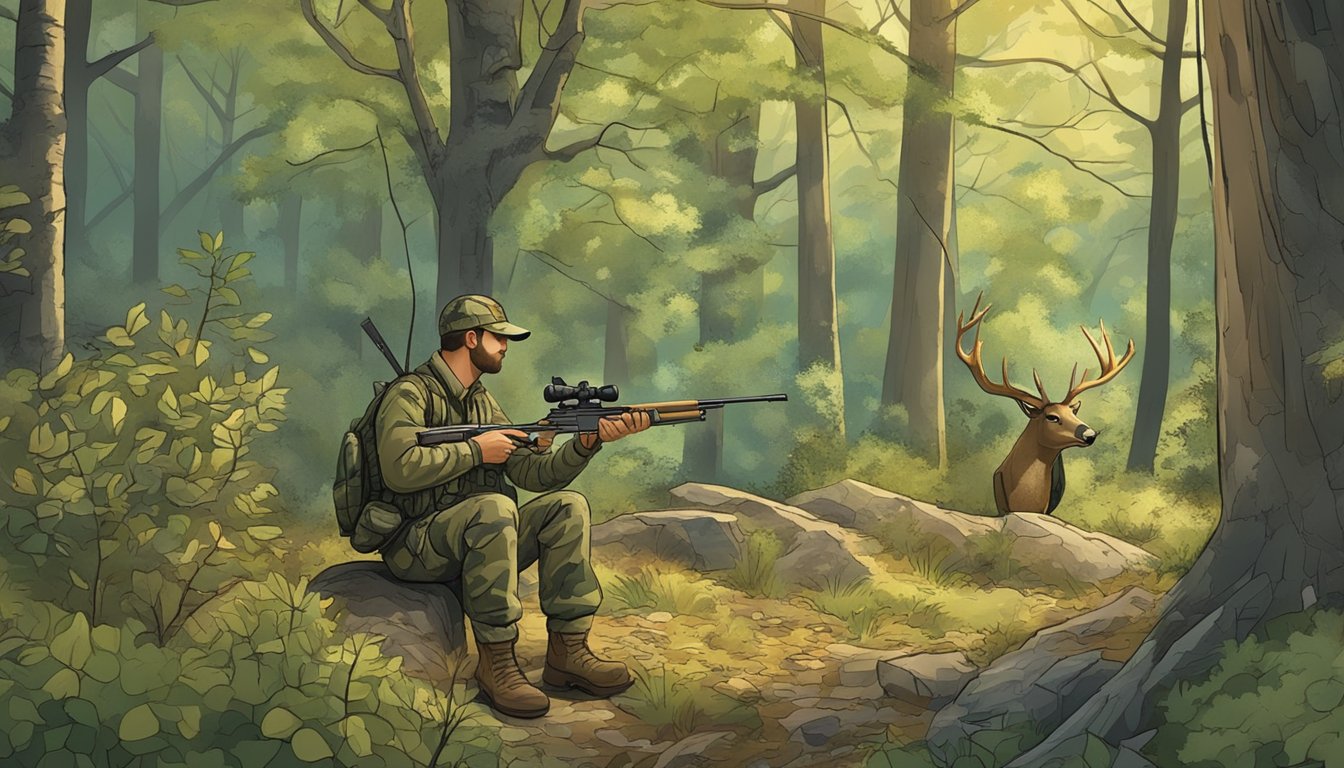 A hunter in camouflage fills out a deer harvest report in a wooded area, surrounded by trees and wildlife