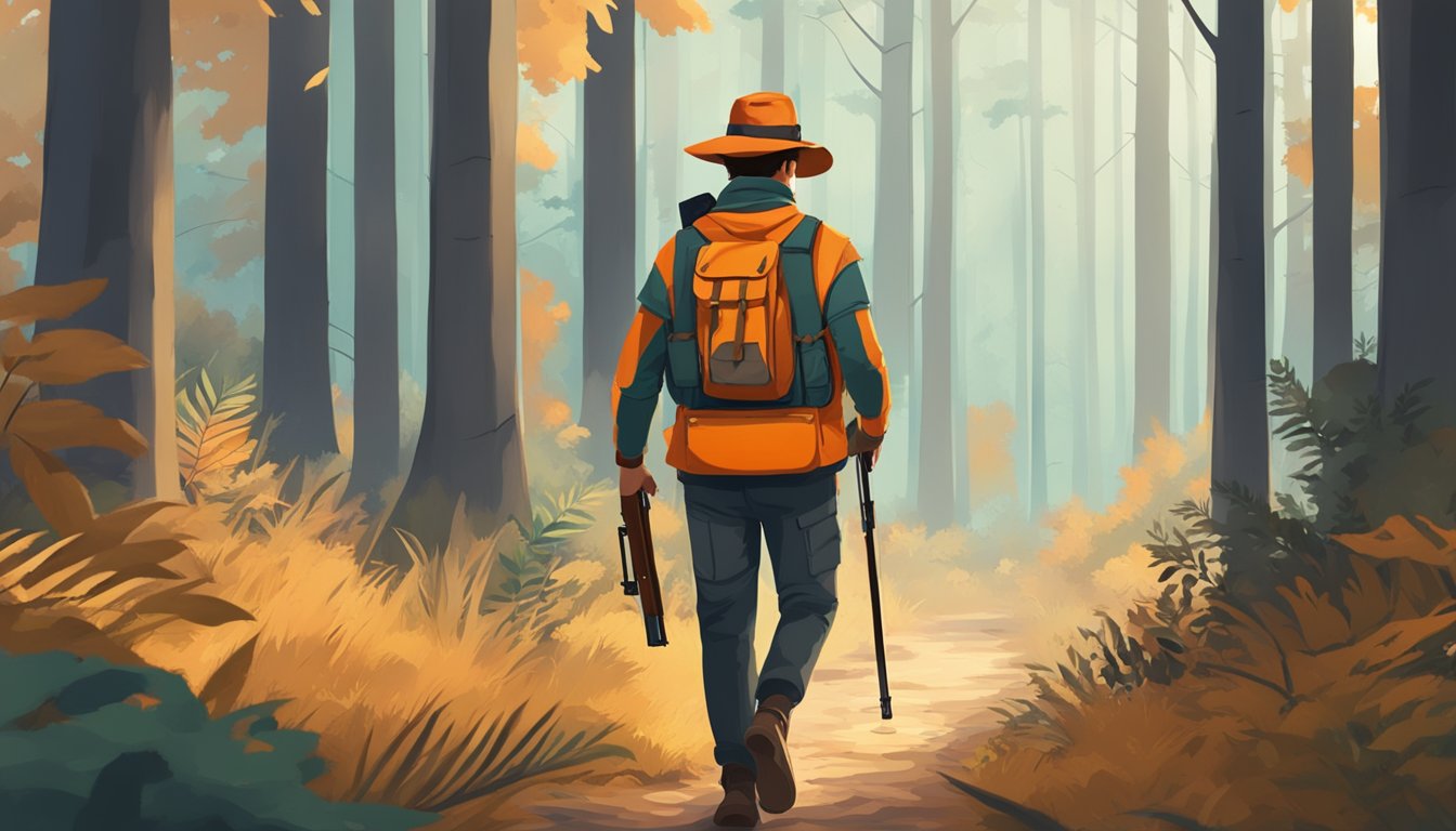 A hunter in orange vest and hat, carrying a rifle, walking through a forest with a "No Hunting" sign