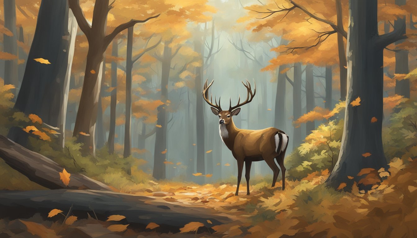 A hunter quietly waits in a tree stand, surrounded by dense forest and fallen leaves, as a majestic deer cautiously approaches the clearing