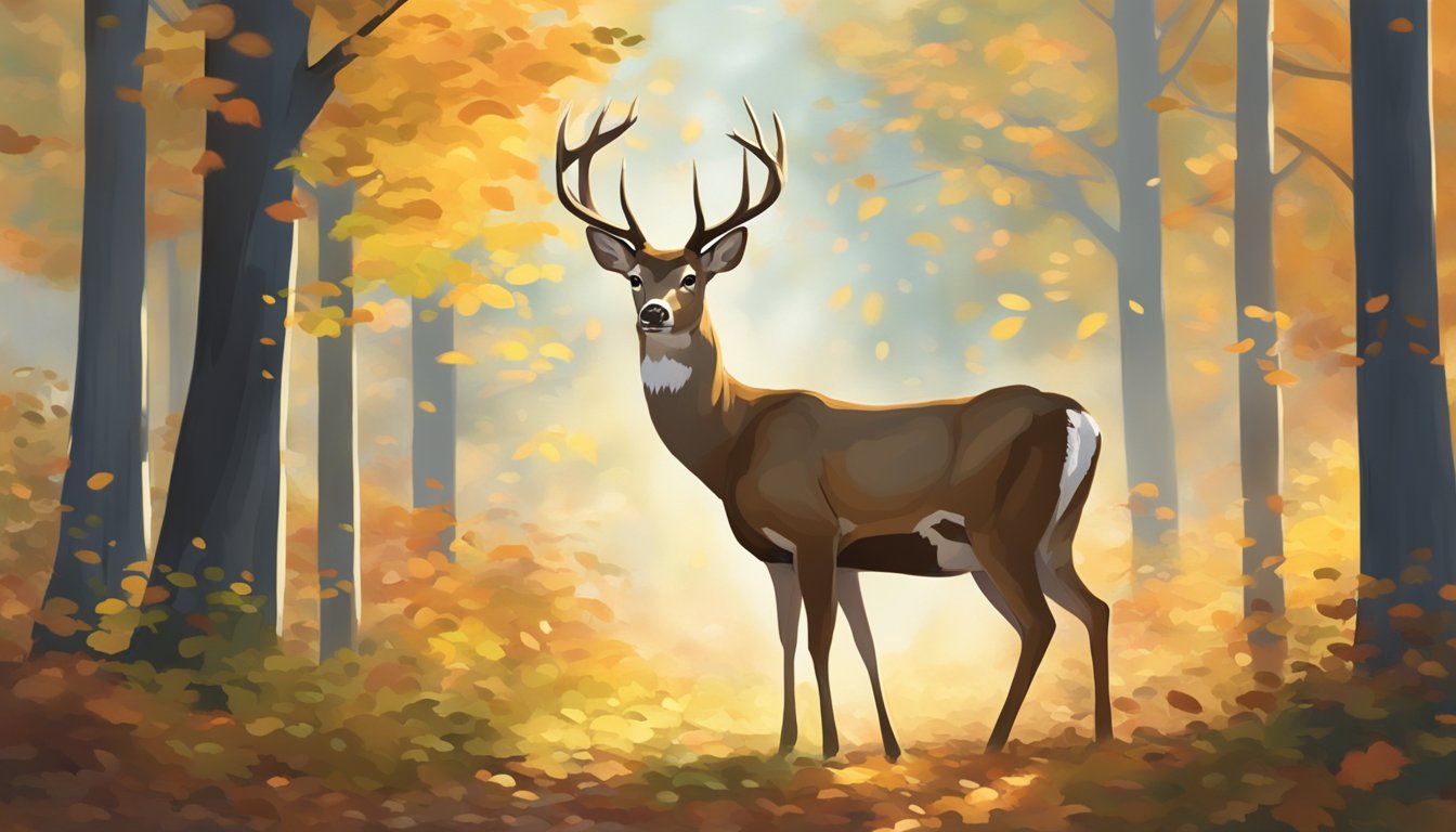 A deer stands alert in a Virginia forest, surrounded by autumn foliage and dappled sunlight