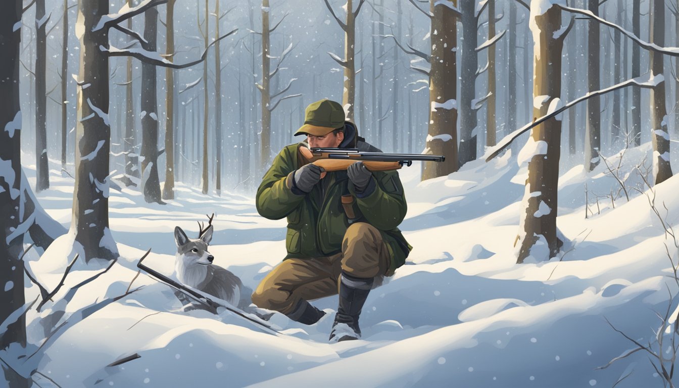 A hunter loading a rifle in a snowy forest clearing