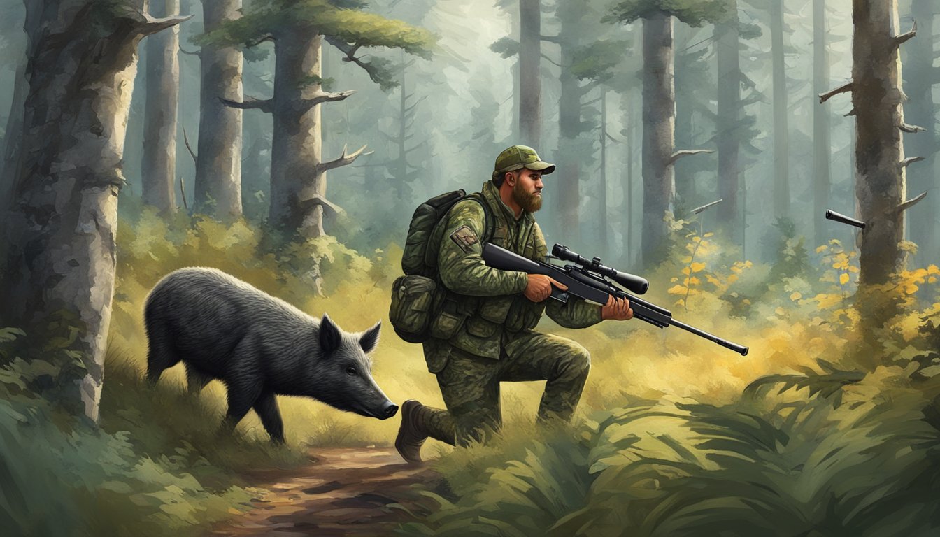 A hunter in Alaska uses camouflage and a high-powered rifle to stalk a wild hog through the dense forest