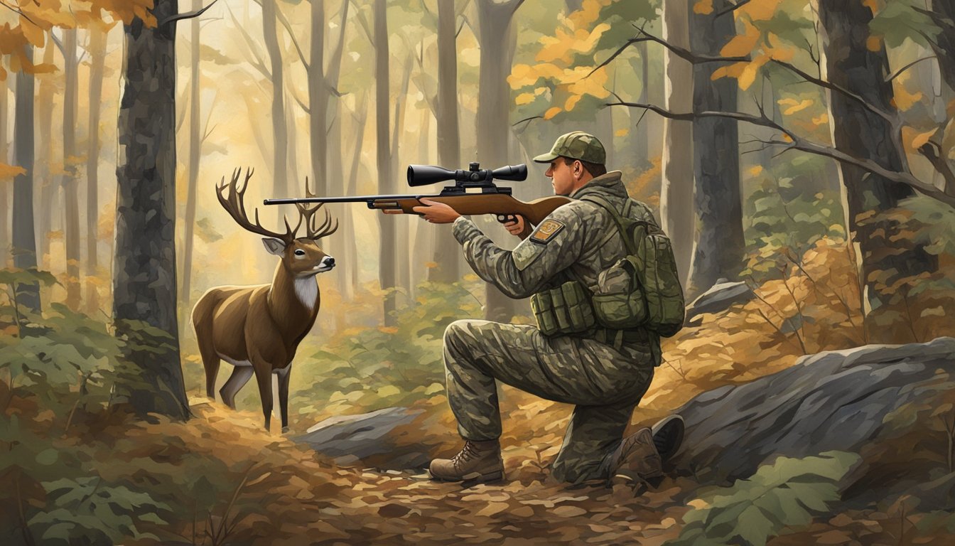 A hunter in camouflage aims at a deer in the Tennessee woods