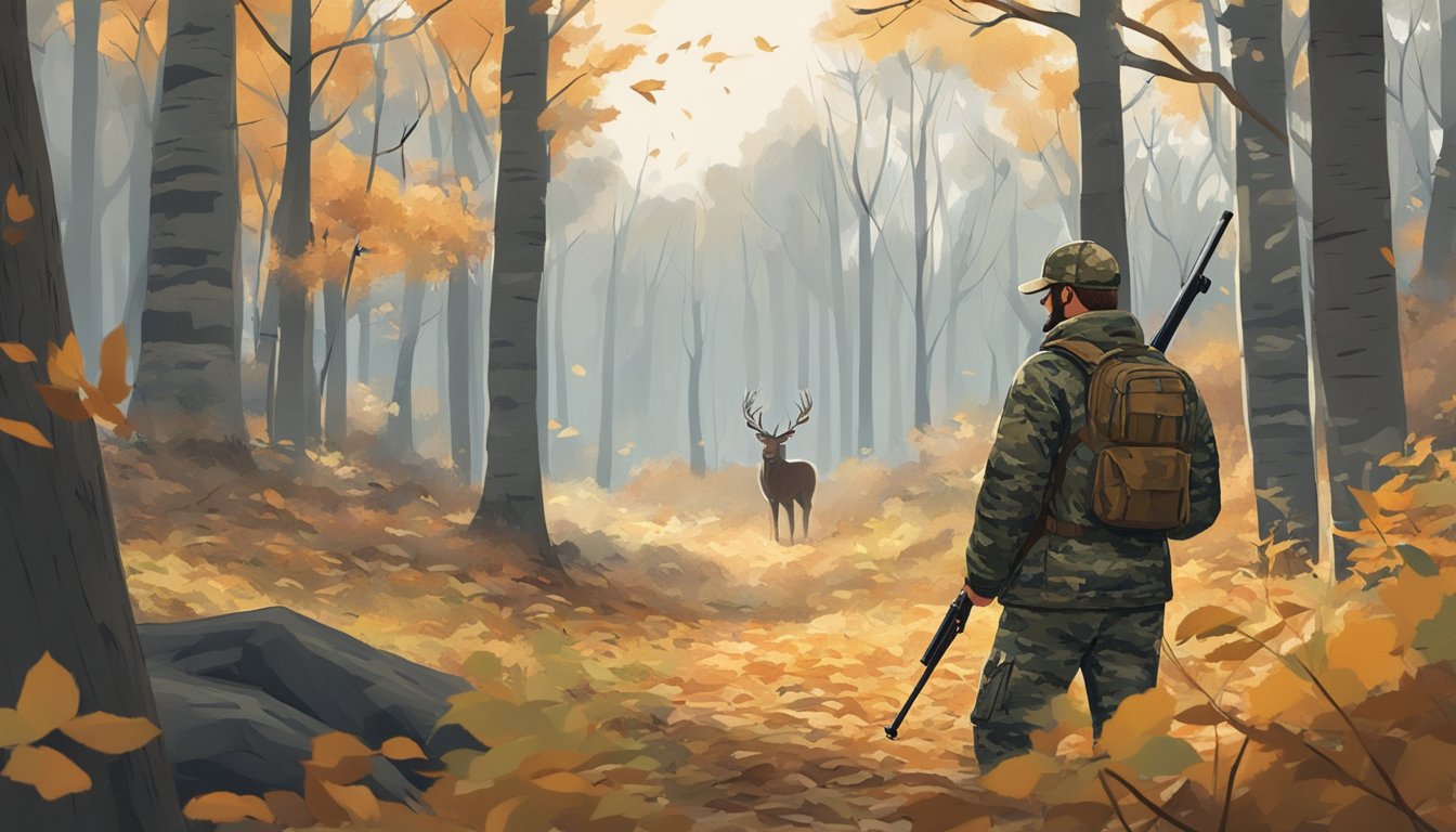 A hunter in camouflage clothing stands in a wooded area, holding a rifle and scanning the surroundings for deer. The landscape is dotted with fallen leaves and tall trees