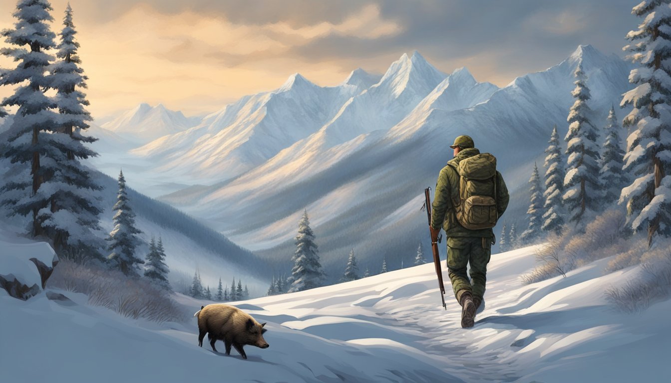 A hunter in Alaska stalks a wild boar, surrounded by snow-covered mountains and dense forest. The hunter carries a rifle and wears warm, camouflage clothing