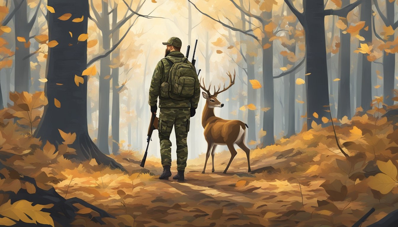 A hunter in camouflage with a rifle, standing in a forest clearing with fallen leaves and a deer in the distance