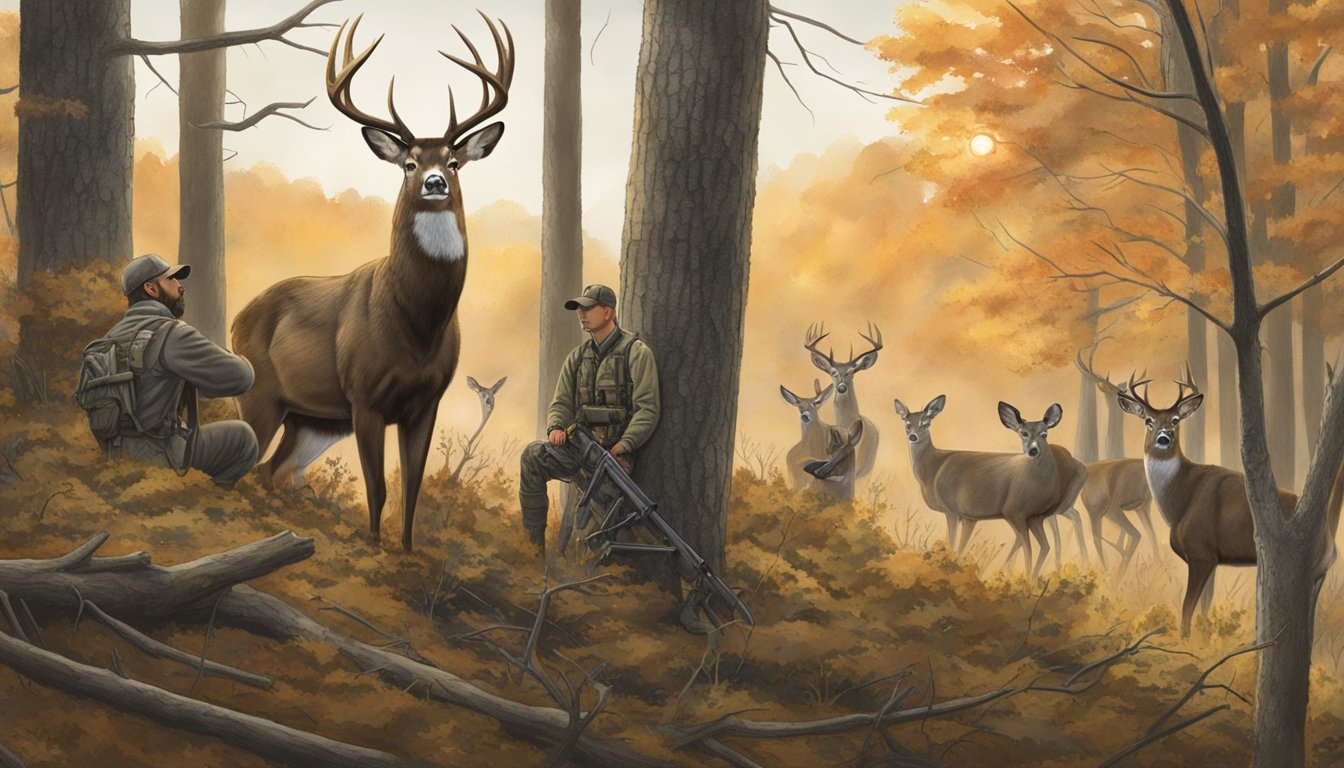 A hunter sets up a tree stand overlooking a field in Tennessee, surrounded by dense forest. A group of deer graze in the clearing, while the hunter waits patiently for the perfect shot