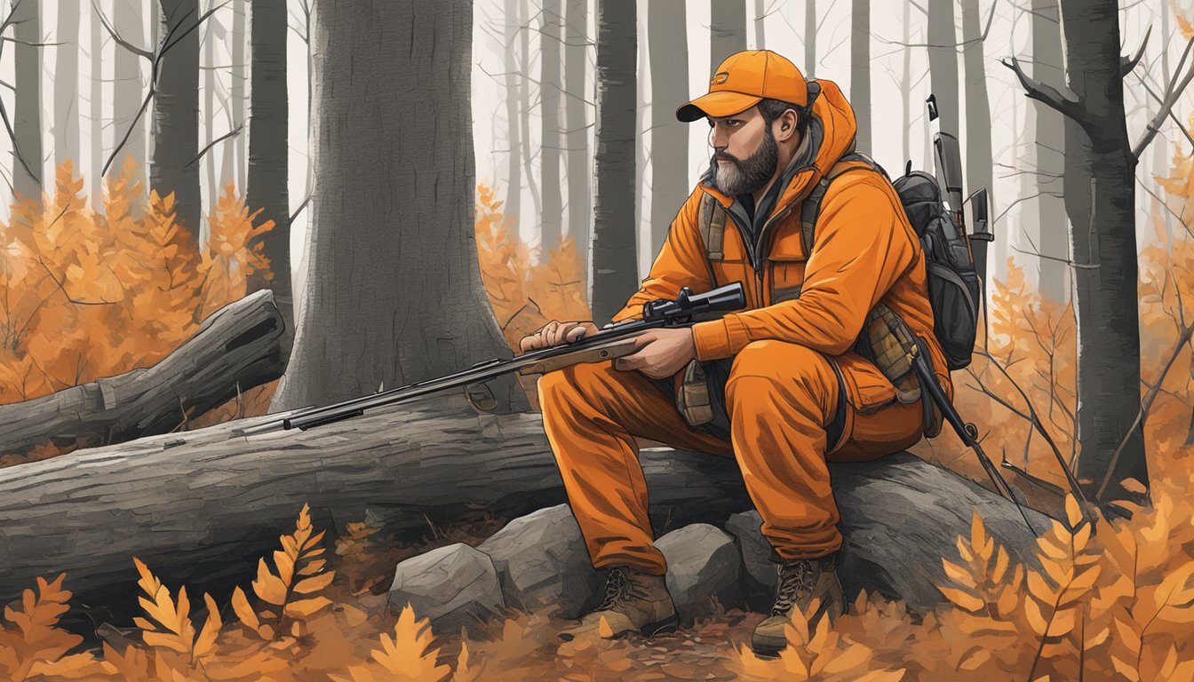 A hunter in orange gear checks his rifle and gear before heading into a dense Wisconsin forest for deer hunting