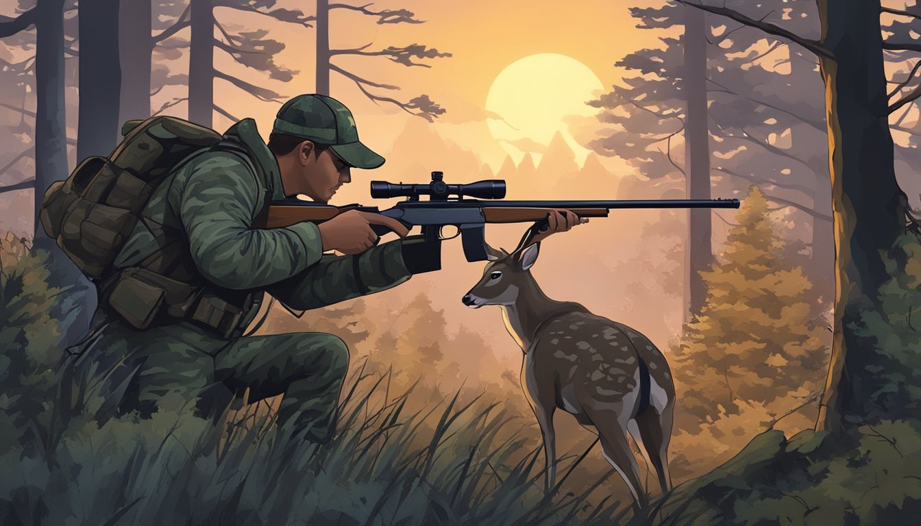 A hunter in camouflage aims a rifle at a deer in a wooded area at dusk