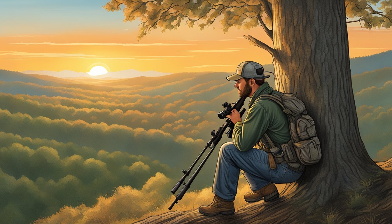 A hunter crouches behind a tree, scanning the Tennessee forest for deer. The sun sets, casting a warm glow over the rolling hills