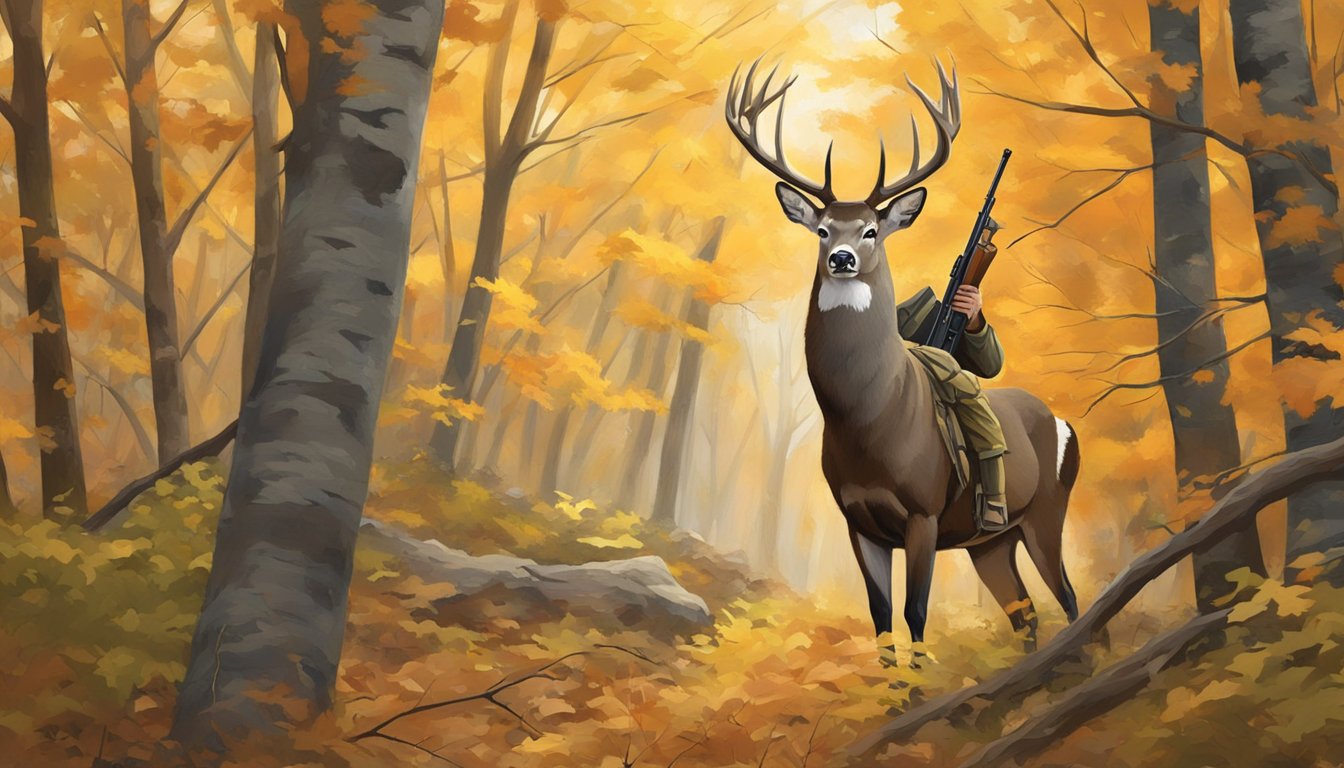 A hunter in camouflage, rifle in hand, cautiously approaches a clearing in the dense Wisconsin forest. A majestic buck stands alert, framed by the golden autumn foliage