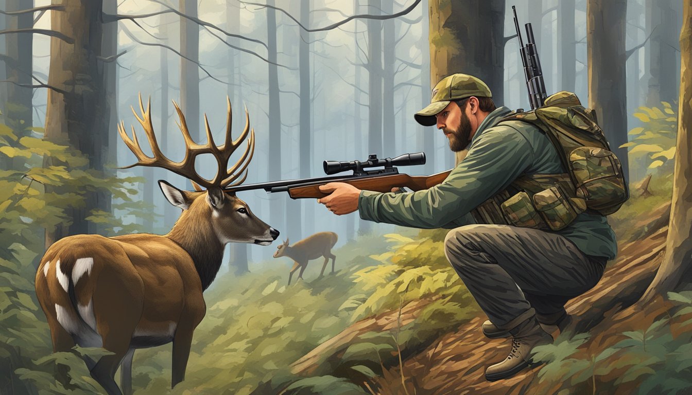 A hunter in camouflage aiming at a deer in a Tennessee forest clearing