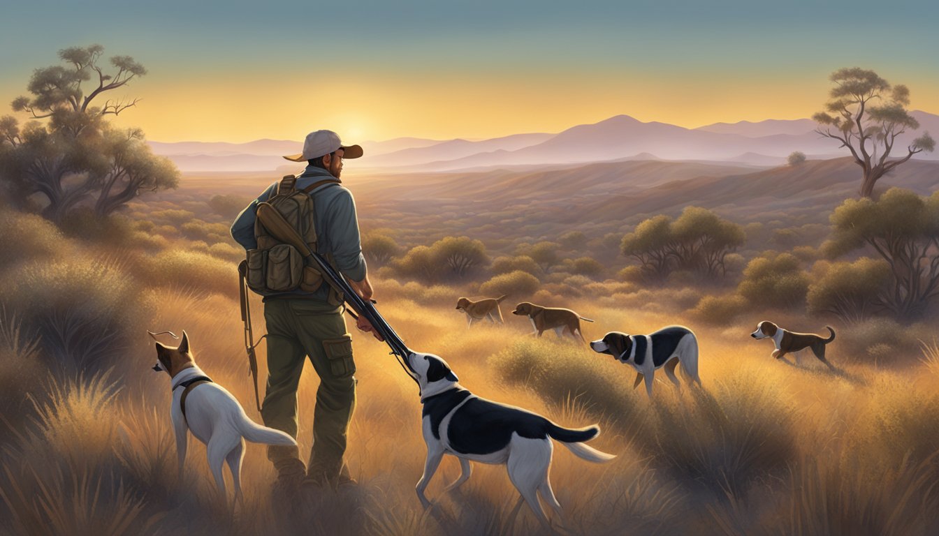 A hunter loading a rifle and tracking dogs sniffing the ground in a California brushland at dusk